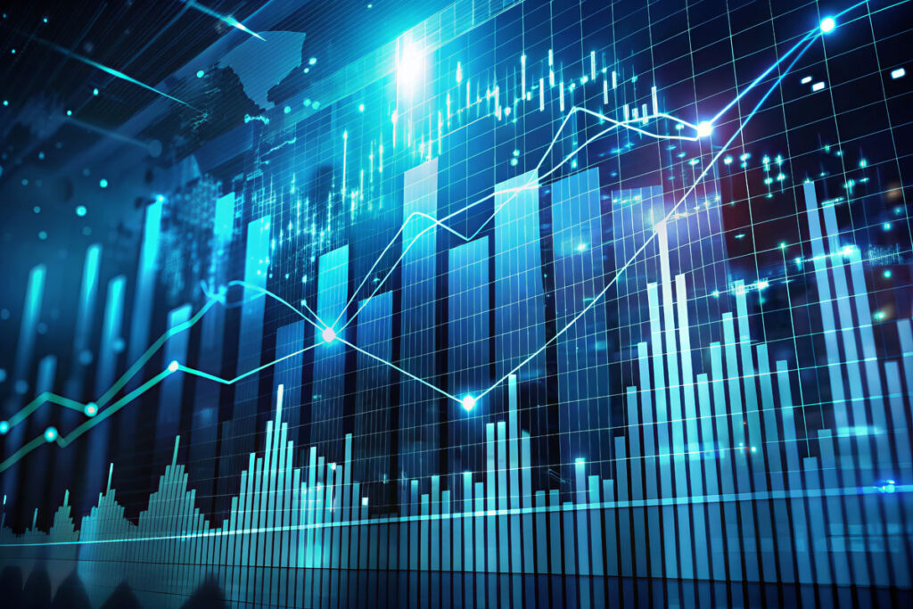 Digital financial data visualization with glowing graphs and charts, showcasing market trends and analytics. vibrant blue tones create futuristic atmosphere.