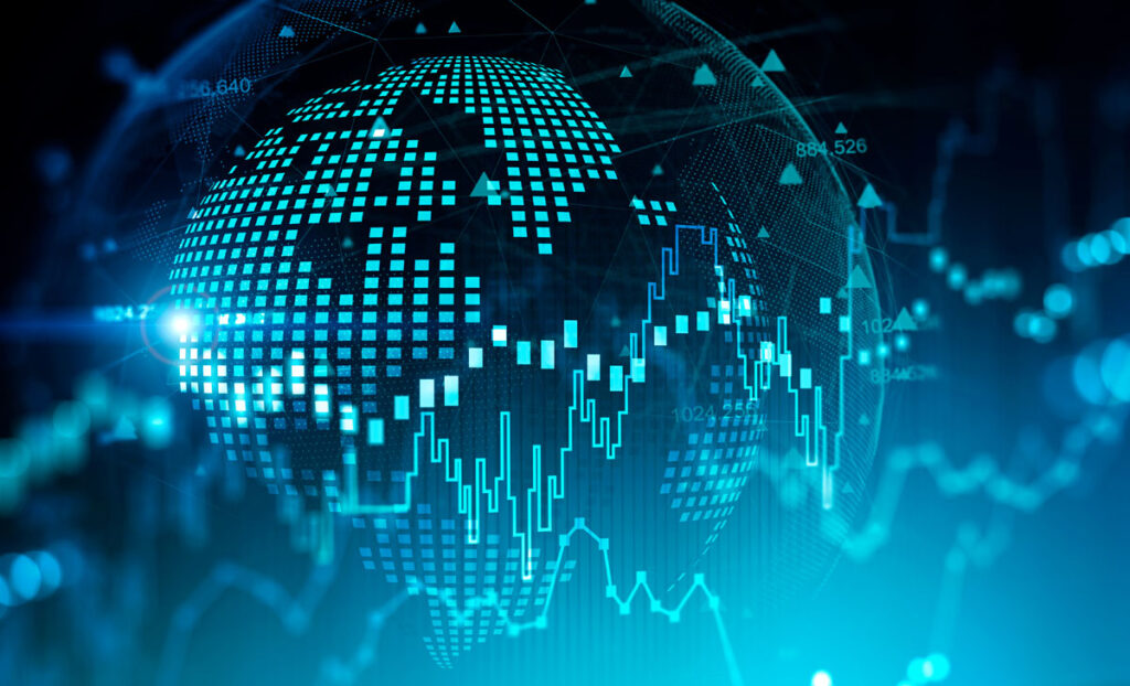 Global financial market and trading concept. Blurry blue financial chart and planet hologram over dark blue background